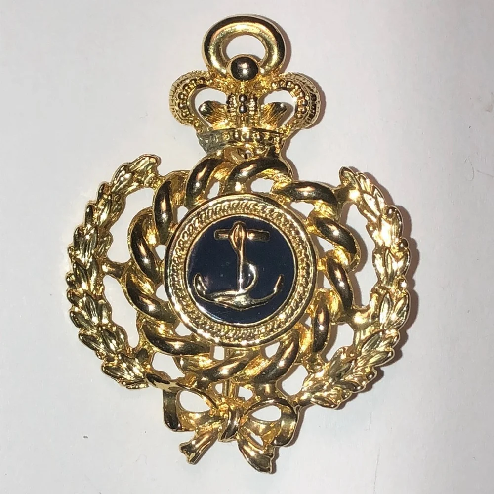 Vintage Gold Tone Blue Enamel Boho Anchor Brooch Nautical Shoulder Pin